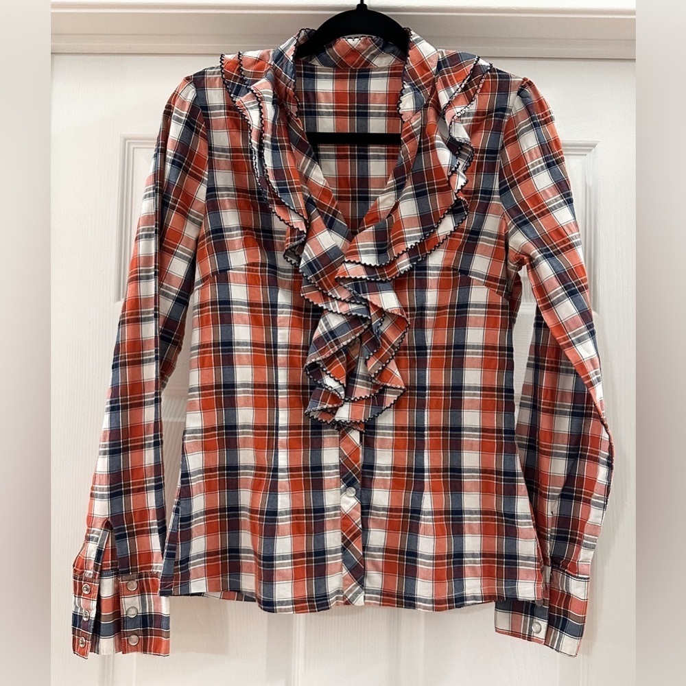 Vintage Western Ruffle Front Collar Plaid Pearl Snap Button Shirt Holiday Rodeo